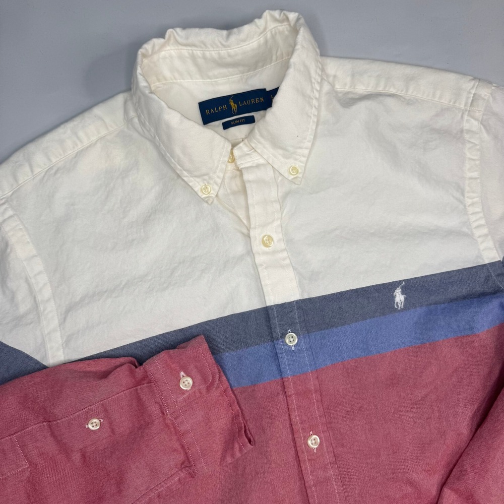 Polo Ralph Lauren Button Down Shirt Mens Large Slim Red White Blue Colorblock